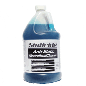 A bottle of cleaner that is blue and white.