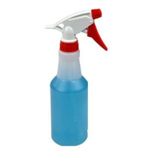 A spray bottle with red top and blue base.