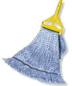 A yellow and blue mop with a handle.