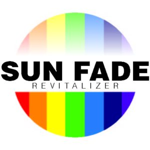 A rainbow colored circle with the words sun fade revitalizer underneath it.