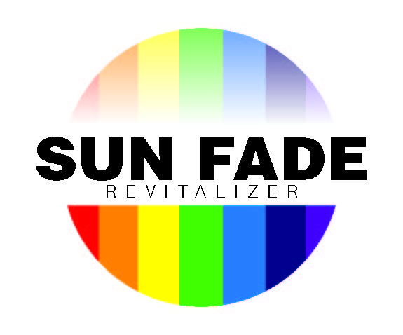 A rainbow colored circle with the words sun fade revitalizer underneath it.