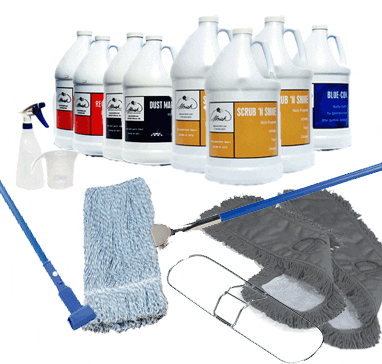 A variety of cleaning supplies are shown.