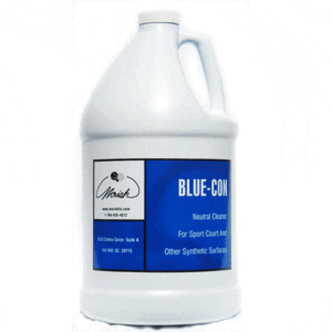 A gallon of blue-con cleaner is sitting on the floor.